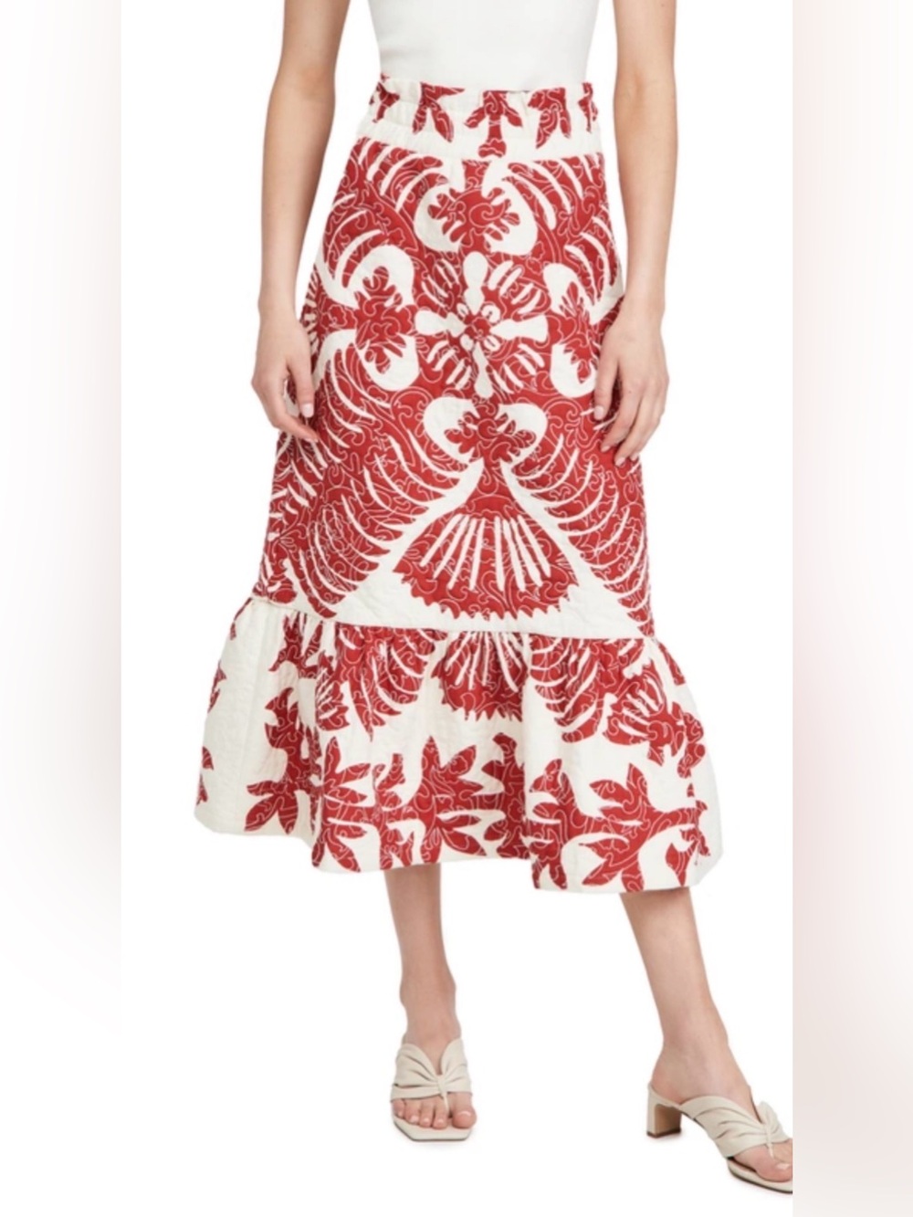 Sea New York Red White Floral Printed Midi Skirt Ruffle Hem Size S